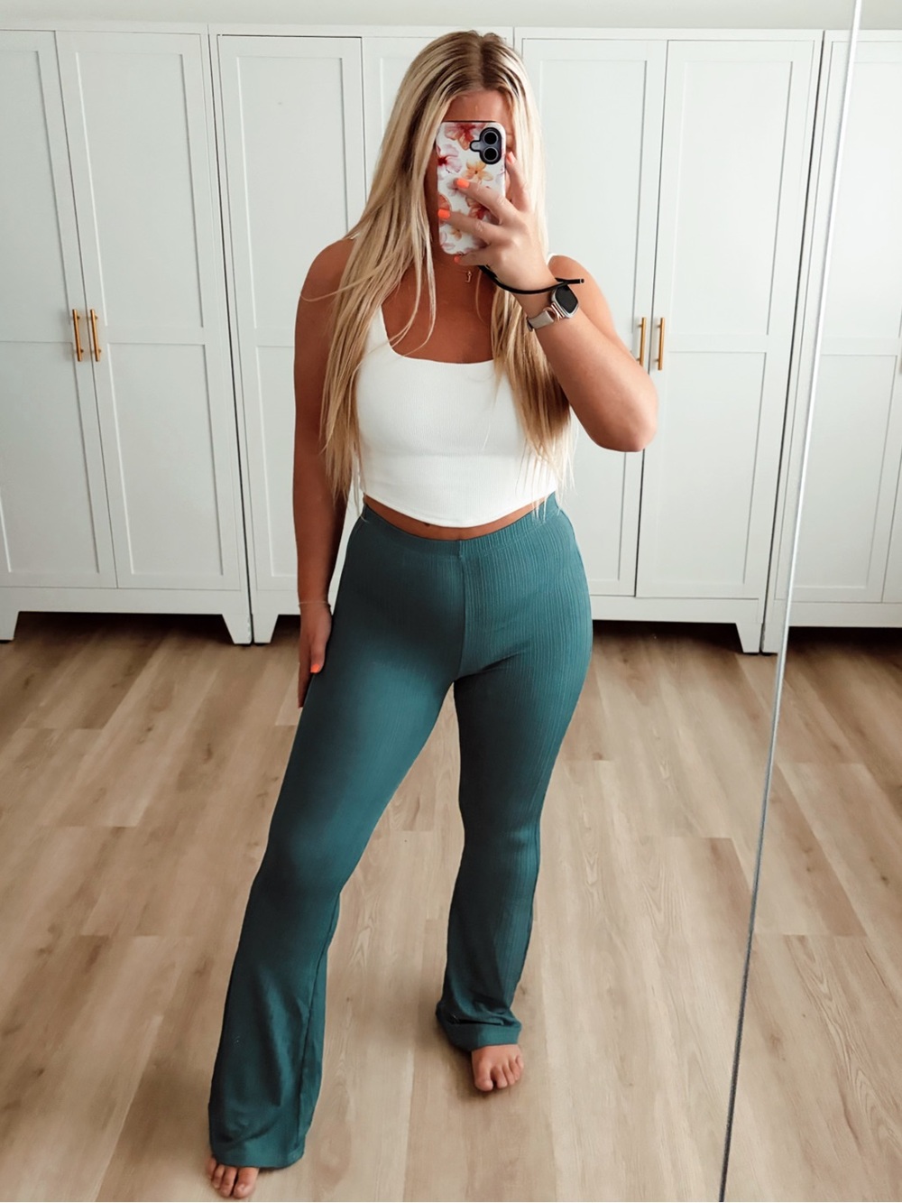 Dark green ribbed flare pants